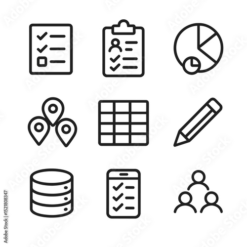 Mass Data Icons Set. Outline icon set of mass data collection and census: survey form, clipboard, demographic chart, map pin