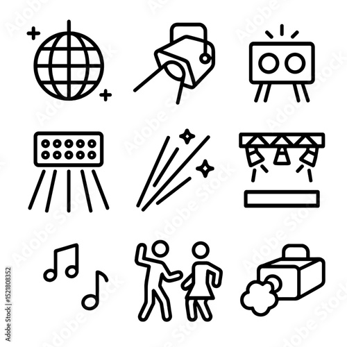 Dance Floor Icon Set. Outline icon set of dance floor lights: disco ball, spotlight, strobe light, LED, colored beams, stage, fog