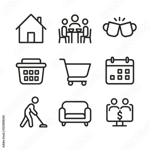 Married Life Icons. Outline icon set of married daily life: house silhouette, family dinner table, shared coffee mugs, laundry