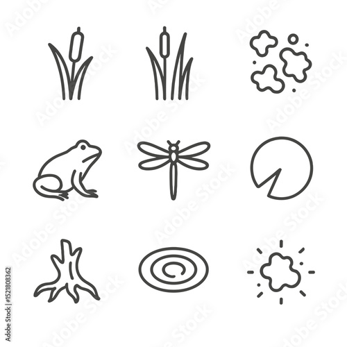 Marshland Icon Set. Outline icon set of marshland luminous algae: cattail stalk, water reed, algae bloom, frog silhouette,
