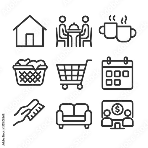 Married Life Icons. Outline icon set of married daily life: house silhouette, family dinner table, shared coffee mugs, laundry