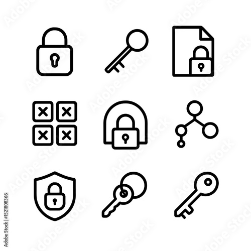 Data Encryption Icons. Outline icon set of data encryption mechanisms: padlock with keyhole, encryption key, encrypted file, SSL