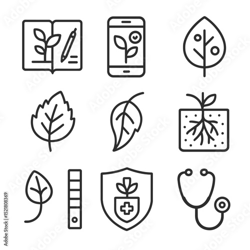 Plant Health Icons. Outline icon set of health monitoring habits: plant journal, smartphone app, leaf spot icon, yellowing leaf,