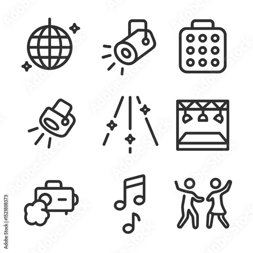 Dance Floor Icon Set. Outline icon set of dance floor lights: disco ball, spotlight, strobe light, LED, colored beams, stage, fog