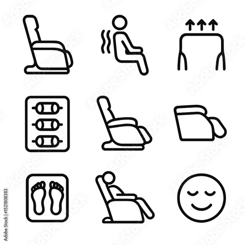 Massage Chair Icons. Outline icon set of massage chair: chair, massage, backrest, rollers, recliner, armrests, footrest, comfort,