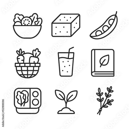 Plant-Based Icon Set. Outline icon set of plant-based eating: salad bowl, tofu block, lentil pod, vegetable basket, smoothie glass