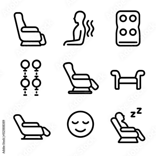 Massage Chair Icons. Outline icon set of massage chair: chair, massage, backrest, rollers, recliner, armrests, footrest, comfort,