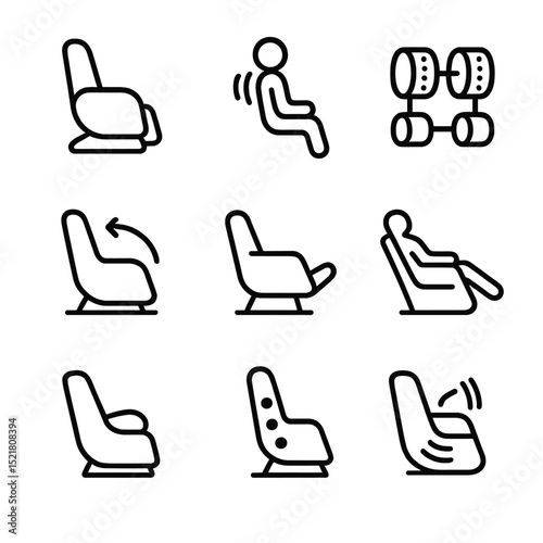 Massage Chair Icon Set. Outline icon set of massage chair functions: chair, massage, rollers, recliner, footrest, comfort,