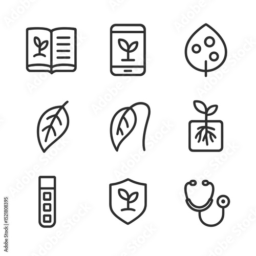 Plant Health Icons. Outline icon set of health monitoring habits: plant journal, smartphone app, leaf spot icon, yellowing leaf,