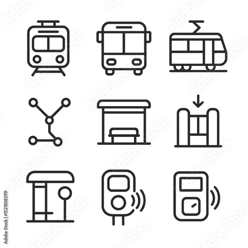 Mass Transit Icons. Outline icon set of mass transit networks: subway train, city bus, tram carriage, commuter rail, metro map,