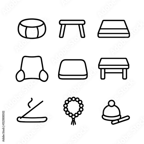 Meditation Icon Set. Outline icon set of meditation and seating: meditation cushion, low stool, tatami mat, backrest pillow, floor