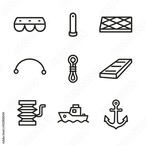 Pontoon Bridge Icon Set. Outline icon set of pontoon bridge deployment: floating pontoon, connecting pin, pontoon deck, guide