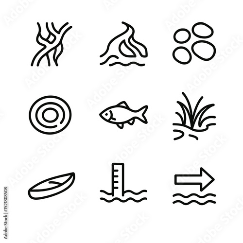 Meltwater Icon Set. Outline icon set of meltwater rivers and streams: braided stream, river delta, pebbles, water ripple, fish