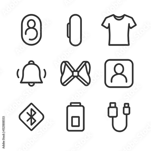 Posture Device Icons. Outline icon set of posture correction devices: posture sensor, wearable clip, smart shirt, vibration