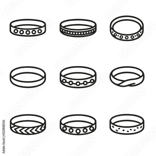 Diamond Band Icon Set. Outline icon set of diamond wedding bands: channel set, milgrain edge, eternity band, comfort fit,