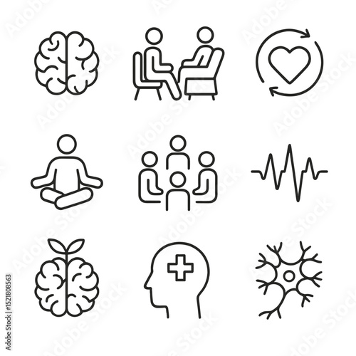 Mental Recovery Icons. Outline icon set of mental recovery journey: brain, therapy, recovery, mindfulness, support group,