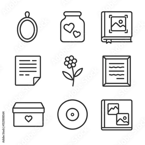 Memory Keepsakes Icons. Outline icon set of memory keepsakes and mementos: locket, memory jar, scrapbook, handwritten letter,