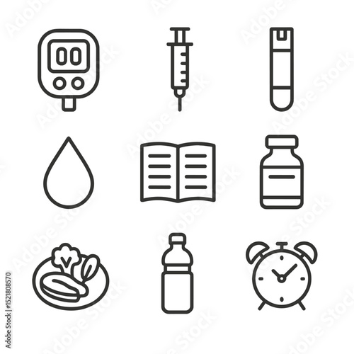 Diabetes Management Icons. Outline icon set of diabetes self-management: glucometer, insulin syringe, test strip, blood drop,