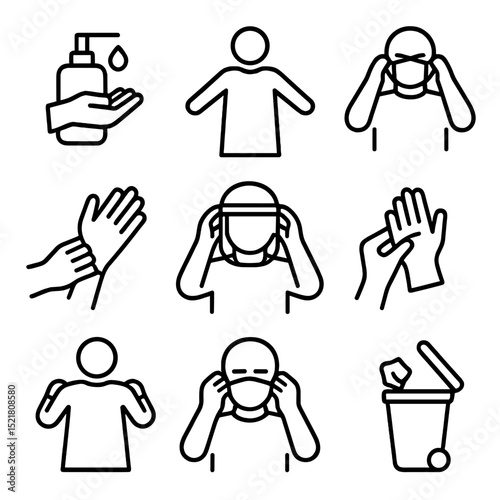 PPE Icon Guide. Outline icon set of donning and doffing PPE steps: hand hygiene dispenser, gown donning, mask fitting, glove