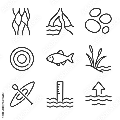 Meltwater Icon Set. Outline icon set of meltwater rivers and streams: braided stream, river delta, pebbles, water ripple, fish