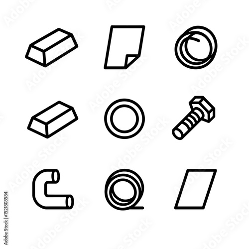 Metal Icons Set. Outline icon set of metals: steel ingot, aluminum sheet, copper wire, gold bar, silver coin, titanium bolt, brass