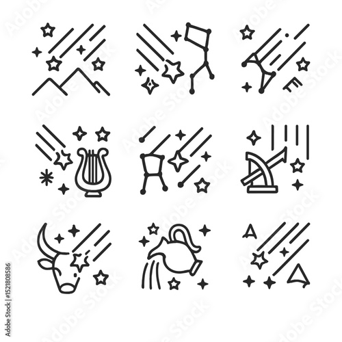 Meteor Shower Icons. Outline icon set of meteor shower events: Perseids peak, Geminids, Leonids, Lyrids, Orionids, Quadrantids,