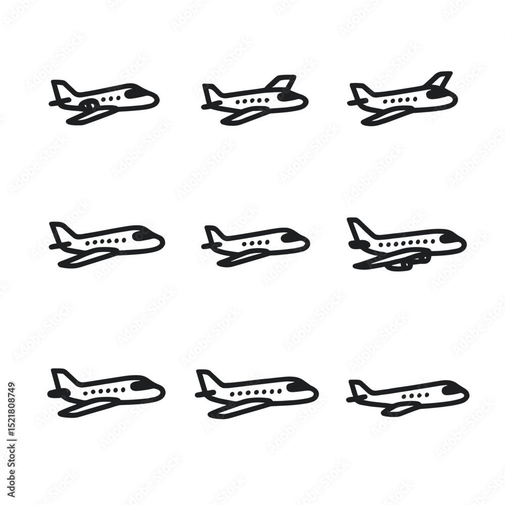 Fototapeta premium Private Jet Icons. Outline icon set of private jets: business jet, light jet, midsize jet, heavy jet, very light jet, long-range