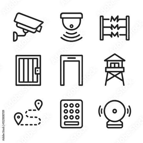 Prison Security Icons. Outline line icons set of prison security measures: CCTV camera, motion sensor, electric fence, security