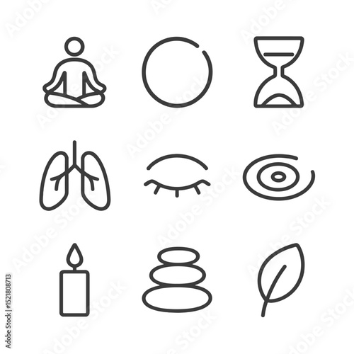 Mindfulness Icon Set. Outline icon set of mindfulness and presence: lotus position, Zen circle, hourglass, breathing lungs, closed