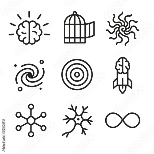 Mind Expansion Icons. Outline icon set of mind expansion: brain with rays, open cage, fractal pattern, galaxy swirl, expanding
