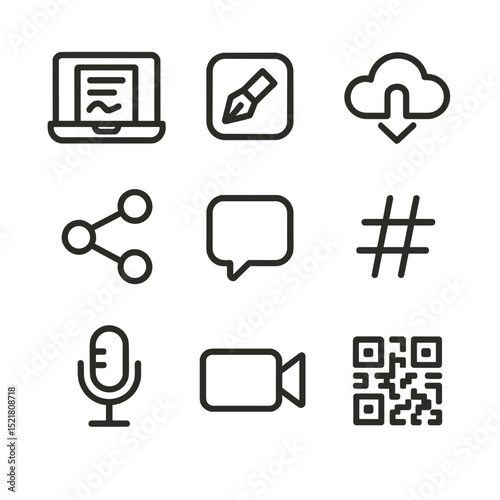 Digital Poetry Icons. Outline icon set of digital poetry creation: laptop screen, writing app icon, cloud save, share button,