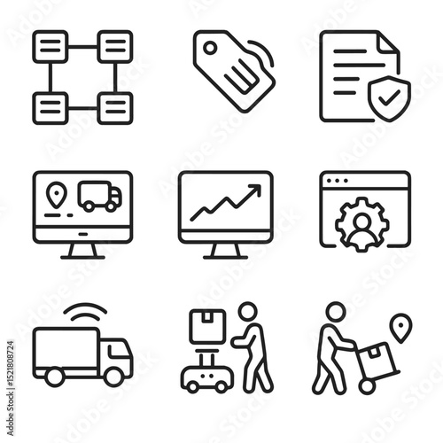 Digital Supply Chain Icons. Outline icon set of digital supply chain transformation: blockchain ledger, RFID tag, smart contract,