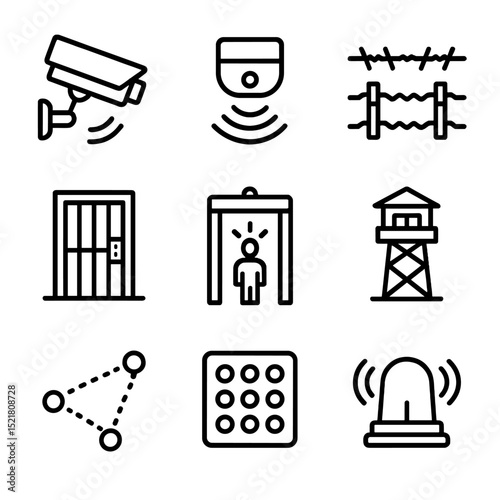 Prison Security Icons. Outline line icons set of prison security measures: CCTV camera, motion sensor, electric fence, security