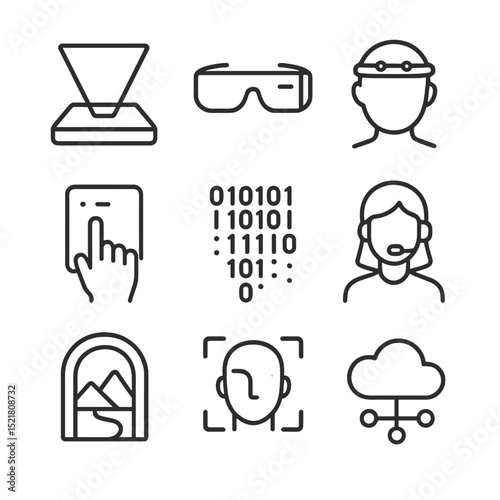 Digital Utopia Interface Icons. Outline icon set of digital utopia interfaces: hologram display, AR glasses, neural link headset,