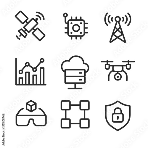 Digital Transformation Icons. Outline icon set of digital transformation: satellite link, IoT sensor node, 5G tower, data