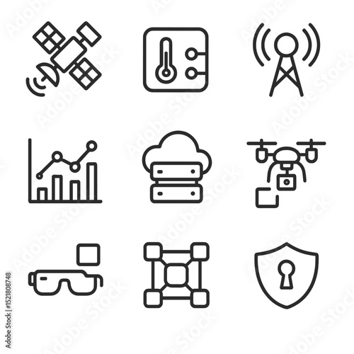 Digital Transformation Icons. Outline icon set of digital transformation: satellite link, IoT sensor node, 5G tower, data