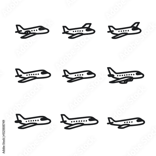 Private Jet Icons. Outline icon set of private jets: business jet, light jet, midsize jet, heavy jet, very light jet, long-range