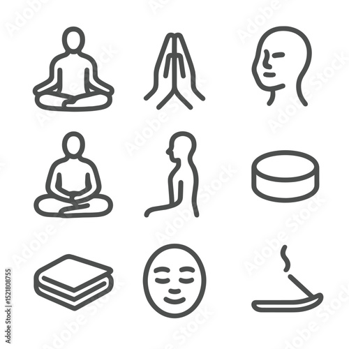 Mindfulness Meditation Icons. Outline icon set of mindfulness meditation poses: seated lotus, cross-legged pose, namaste hands,