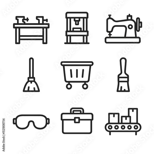 Prison Work Program Icons. Outline icon set of prison work programs: workshop bench, metal press, sewing machine, broom, laundry