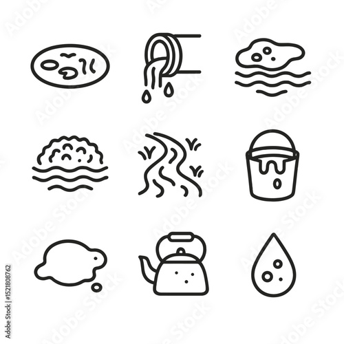 Dirty Water Icons. Outline icon set of dirty water contexts: murky pond, sewage pipe, oil slick, algae bloom, runoff stream, muddy