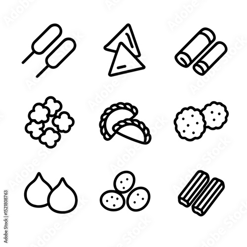 Mini Appetizers Icons. Outline icon set of mini fried appetizers: mini corn dogs, mini samosas, mini egg rolls, popcorn chicken,