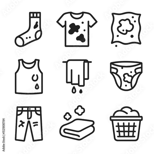 Dirty Laundry Icons. Outline icon set of dirty laundry items: stained sock, mud-caked shirt, oil-soaked rag, sweaty sportswear,