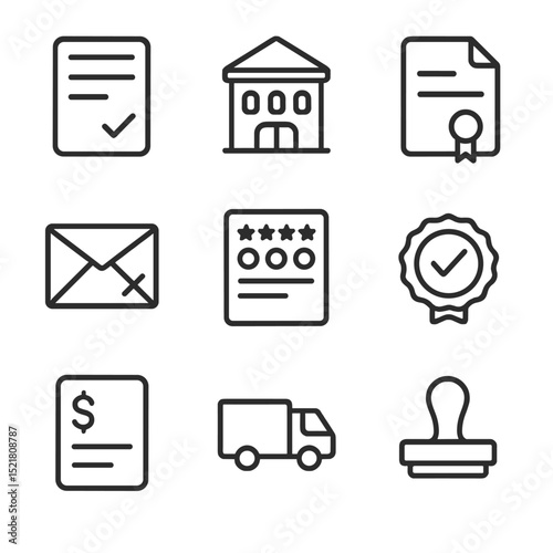 Procurement Icons Set. Outline icon set of procurement and vendor management: purchase order form, vendor building, contract
