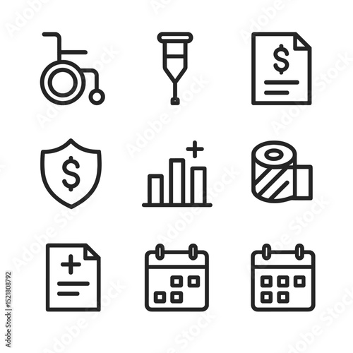 Disability Insurance Icons. Outline icon set of disability insurance: wheelchair, crutch, policy document, dollar sign, shield,