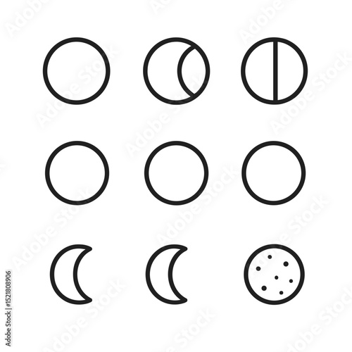 Moon Phases Icons. Outline icon set of moon phases: new moon, waxing crescent, first quarter, waxing gibbous, full moon, waning
