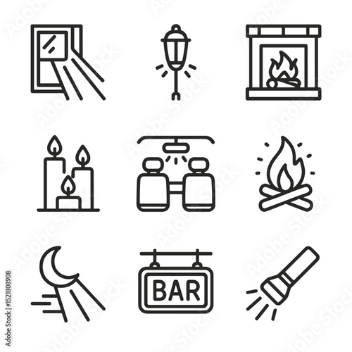 Motivating Light Icons. Outline icon set of motivated and natural lighting: sunbeam through window, street lamp glow, fireplace