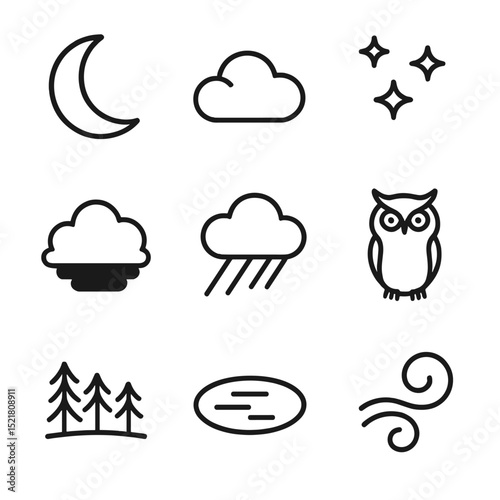 Moonlit Night Icons. Outline icon set of moonlit night clouds: crescent moon, silvery cloud outline, star cluster, shadowed cloud