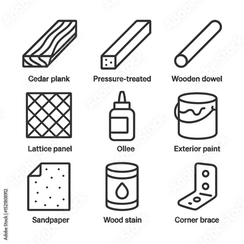 DIY Construction Icons. Outline icon set of DIY construction materials: cedar plank, pressure-treated timber, wooden dowel,