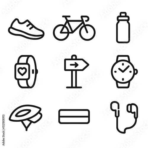 Morning Fitness Icons. Outline icon set of morning joggers and cyclists: running shoe, bicycle, water bottle, fitness tracker,