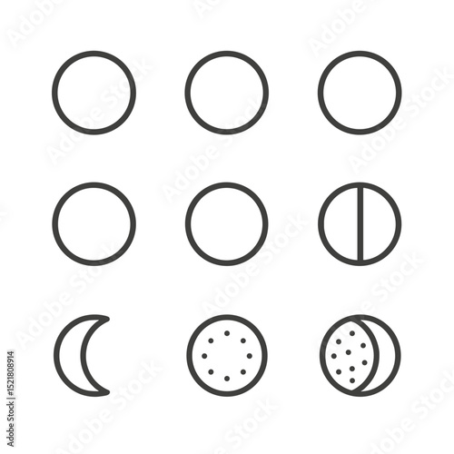 Moon Phases Icons. Outline icon set of moon phases: new moon, waxing crescent, first quarter, waxing gibbous, full moon, waning